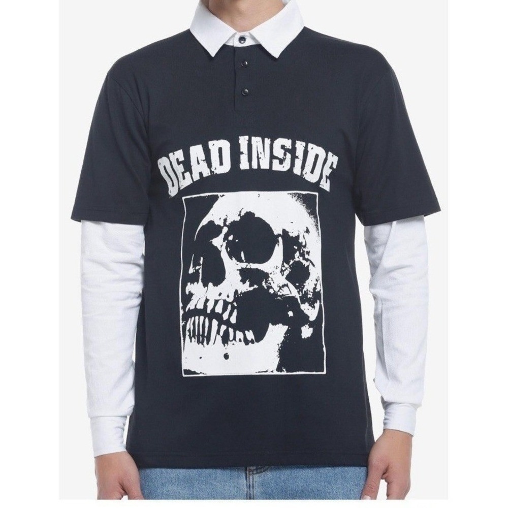 Hot Topic Dead Inside Distressed Black & White Twofer Long-Sleeve T-Shirt